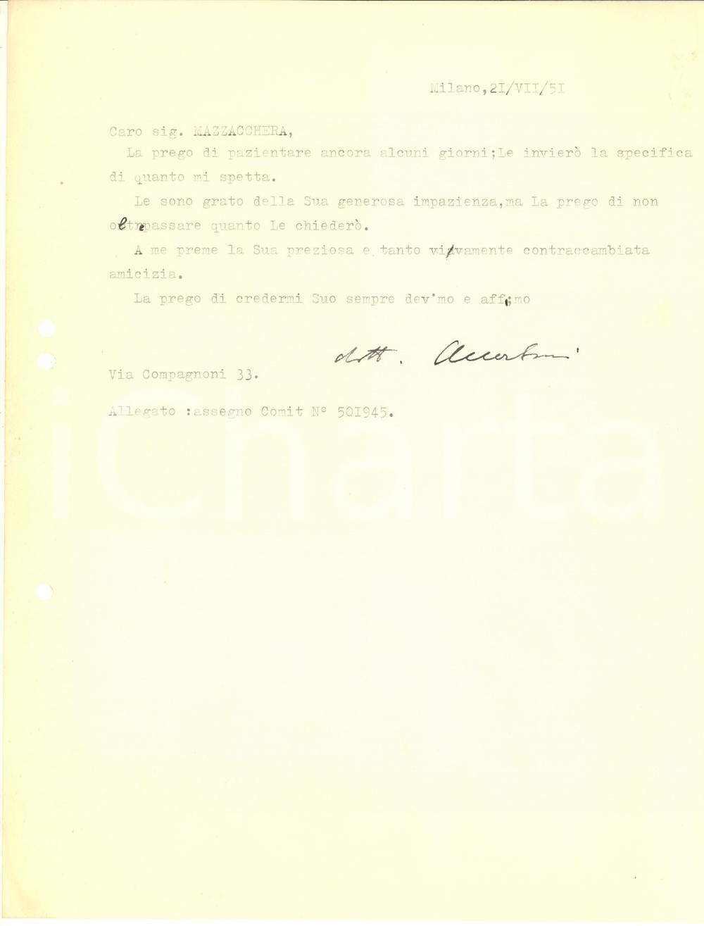 Autografo originale 1951 MILANO Lettera Carlo OFENHEIMERACCERBONI per spettanze AUTOGRAFO 1