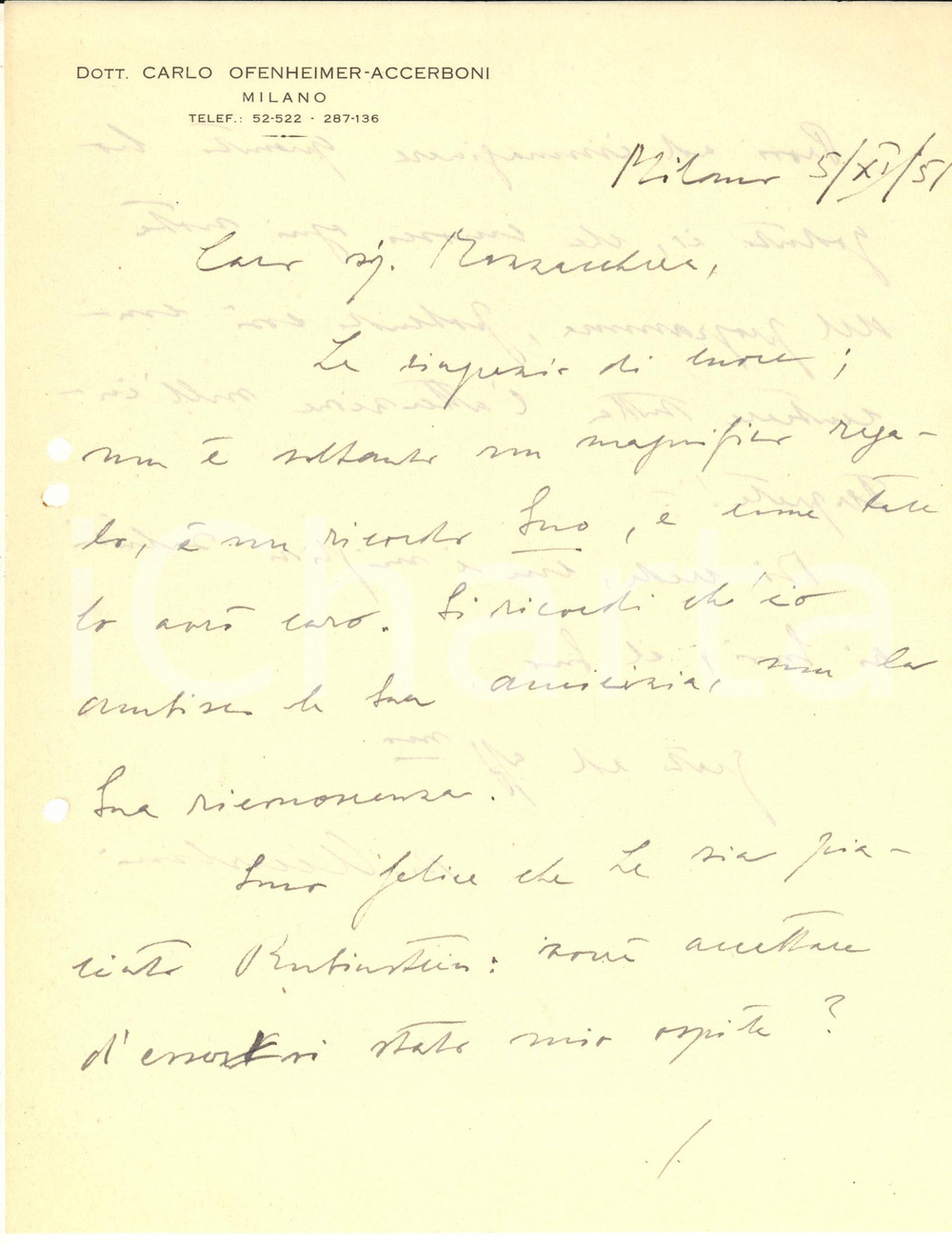 Autografo originale 1951 MILANO Lettera Carlo OFENHEIMERACCERBONI per ringraziamento AUTOGRAFO 1
