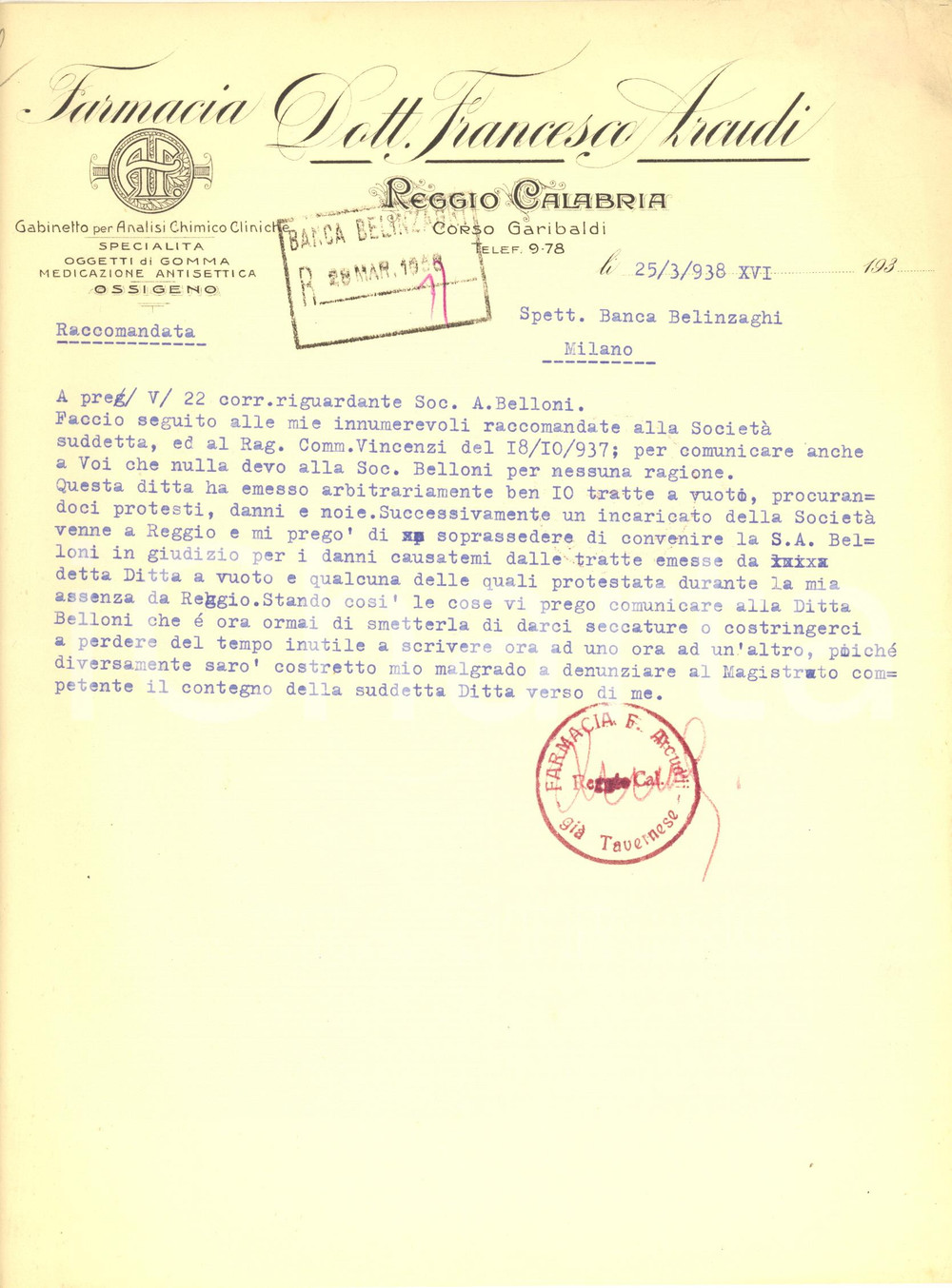 Documento originale, autentico 1938 REGGIO CALABRIA Corso Garibaldi  Farmacia dott. Francesco ARCUDI Lettera 1