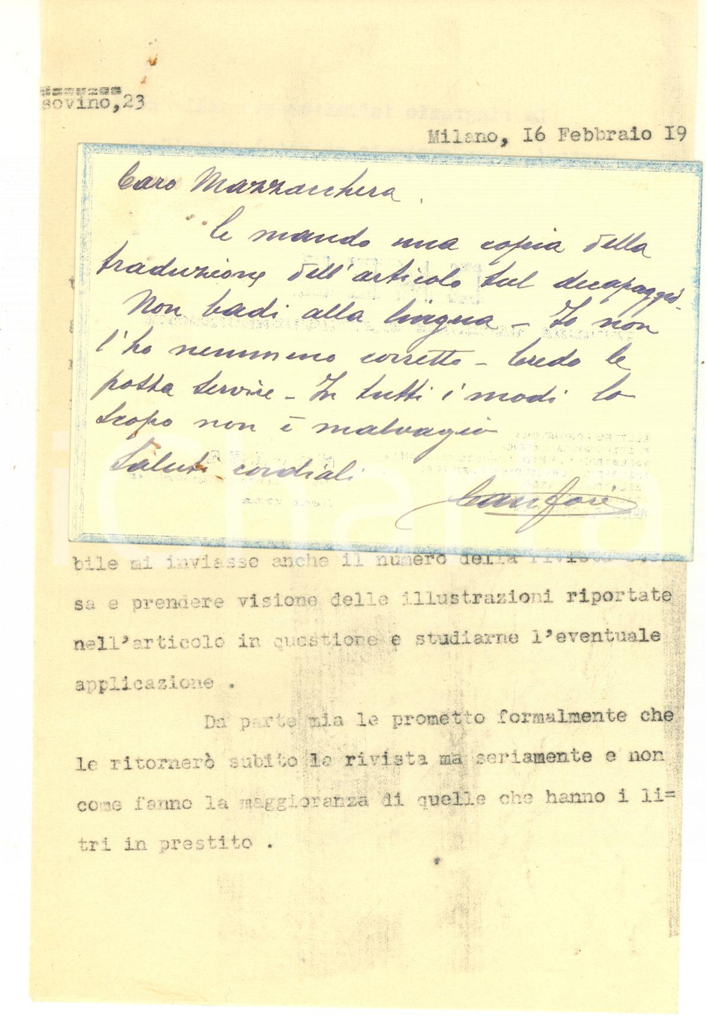 Manoscritto, lettera originale 1945 ca NOVARA Ditta OMES Macchine Elettrosiderurgiche  Biglietto CANFORI 1