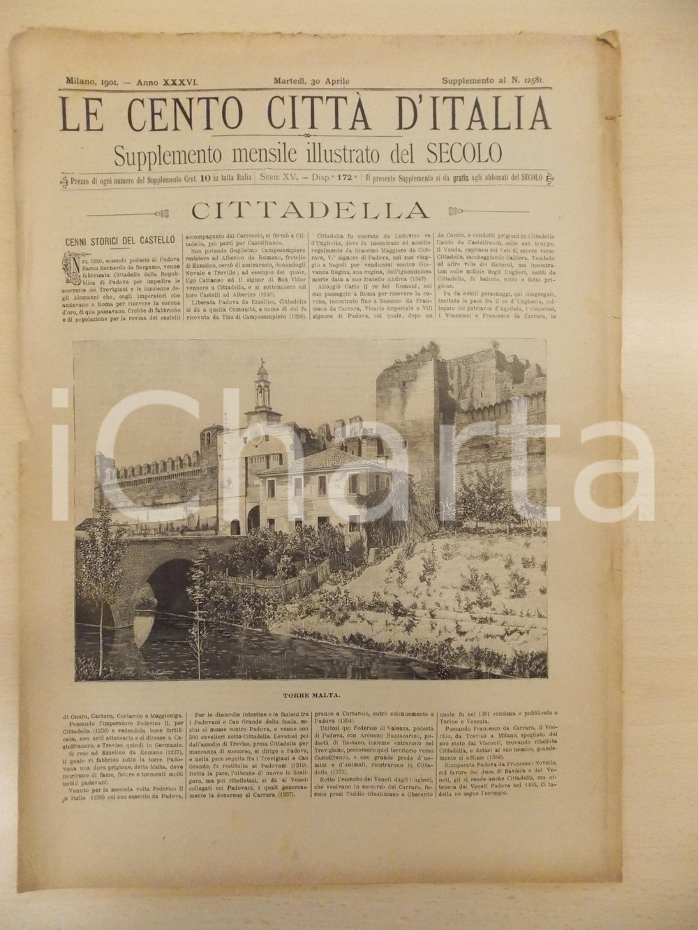 Giornale, rivista storica 1901 CENTO CITTA  D ITALIA Torre Malta di CITTADELLA Supplemento Secolo n.12581 1
