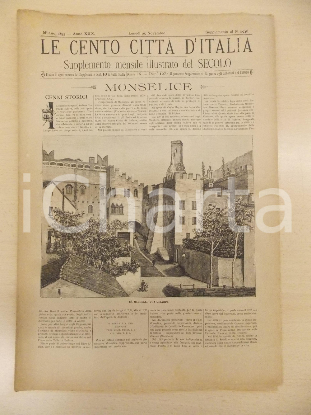 Giornale, rivista storica 1895 CENTO CITTÃ€ D ITALIA Ca  Marcello di MONSELICE Supplemento Secolo n.10746 1