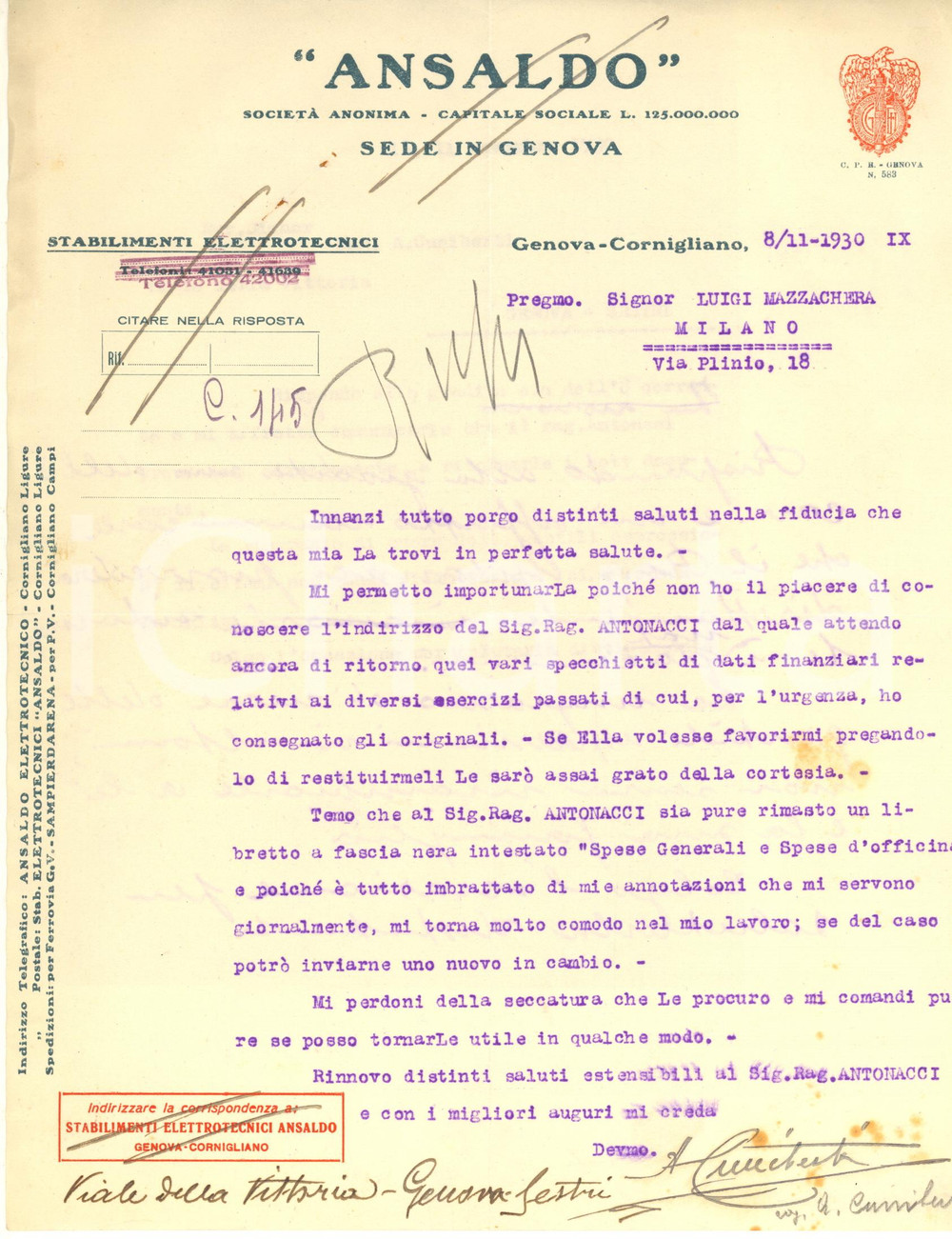 Autografo originale 1930 GENOVA CORNIGLIANO SocietÃ  ANSALDO  Lettera ing. A. CUNIBERTI Autografo 1