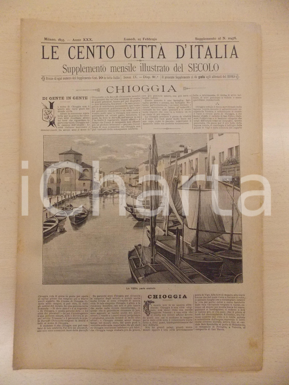 Giornale, rivista storica 1895 CENTO CITTÃ€ D ITALIA La Vena di CHIOGGIA Supplemento del Secolo n.10478 1