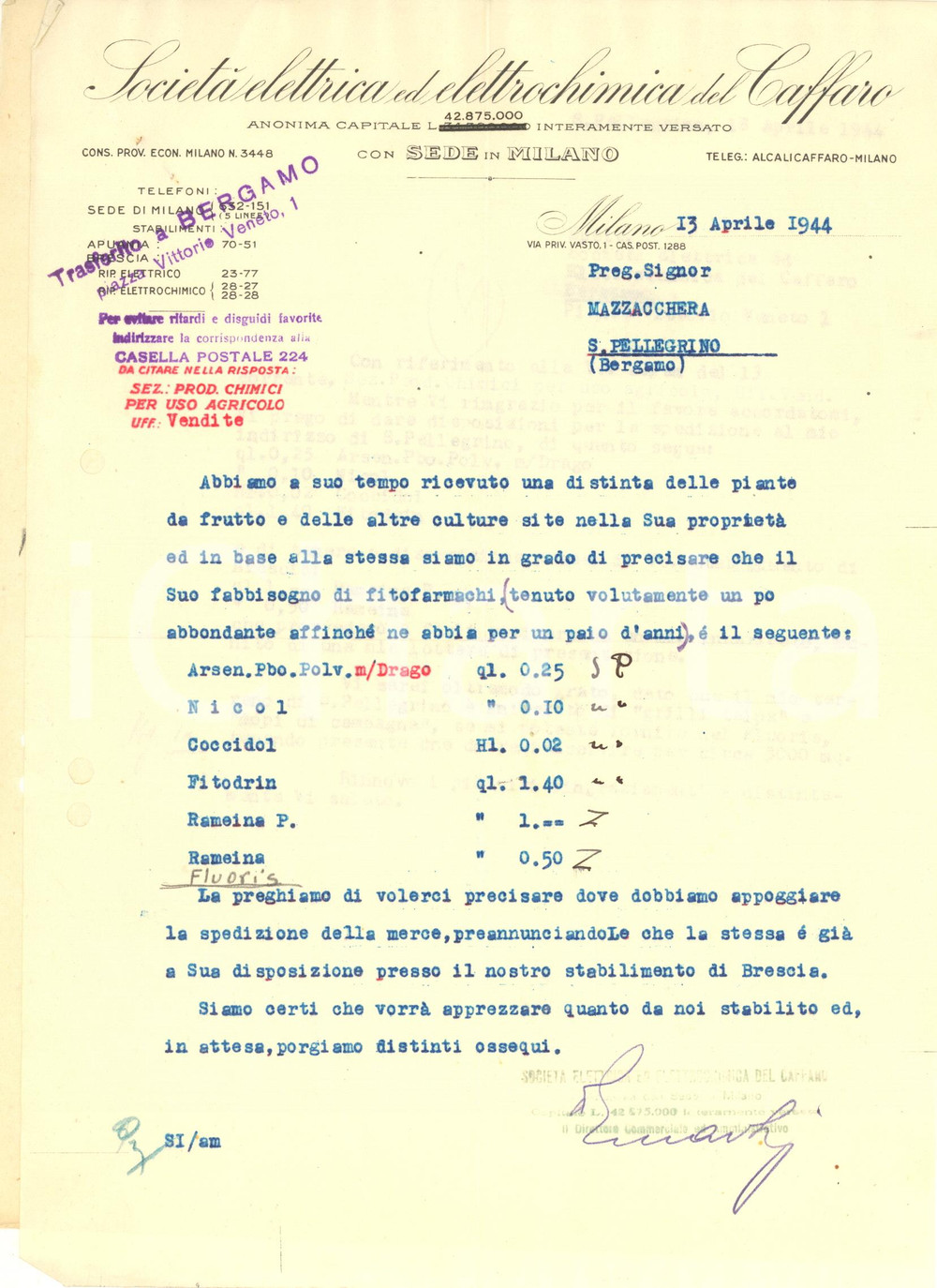 Autografo originale 1944 MILANO SocietÃ  elettrica ed elettrochimica del CAFFARO  Lettera 1