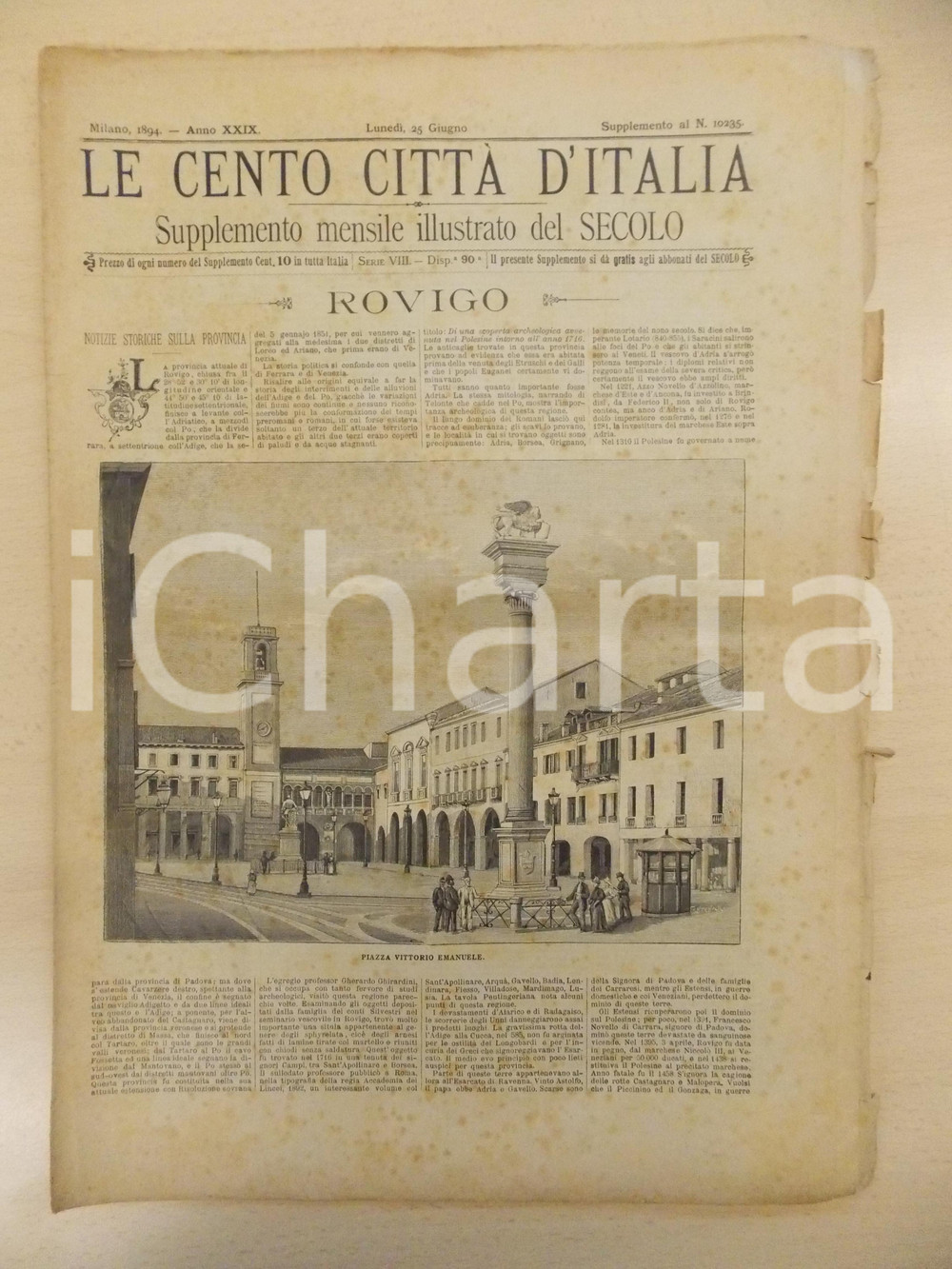 Giornale, rivista storica 1894 CENTO CITTÃ€ D ITALIA Rovigo Supplemento del Secolo n.10235  30x44 cm 1