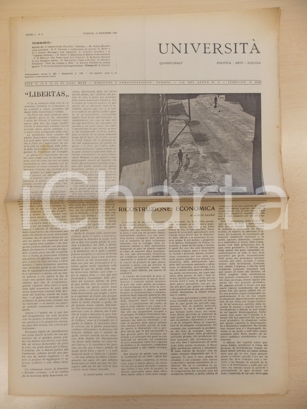 Giornale, rivista storica 1945 PADOVA Rivista UNIVERSITA  Ricostruzione economica dell Italia  Anno I n°3 1