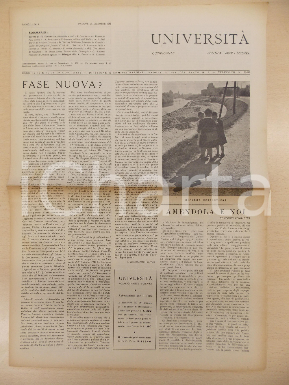 Giornale, rivista storica 1945 PADOVA Rivista UNIVERSITÃ€ Giovanni AMENDOLA e noi  Anno I n. 4 1