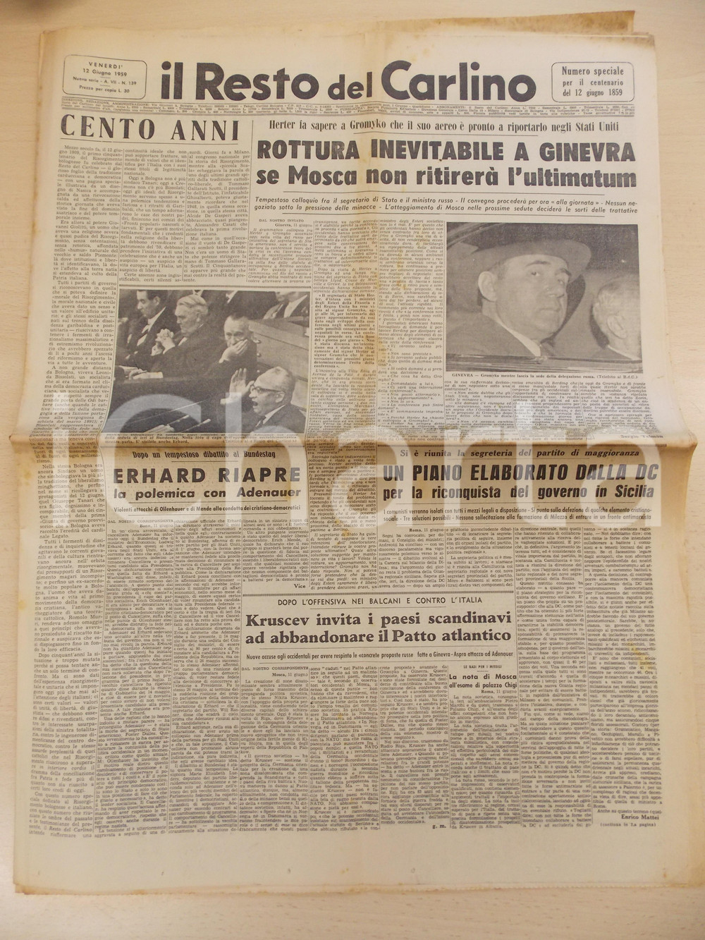 Giornale, rivista storica 1959 IL RESTO DEL CARLINO Numero speciale Centenario RISORGIMENTO BOLOGNESE 1