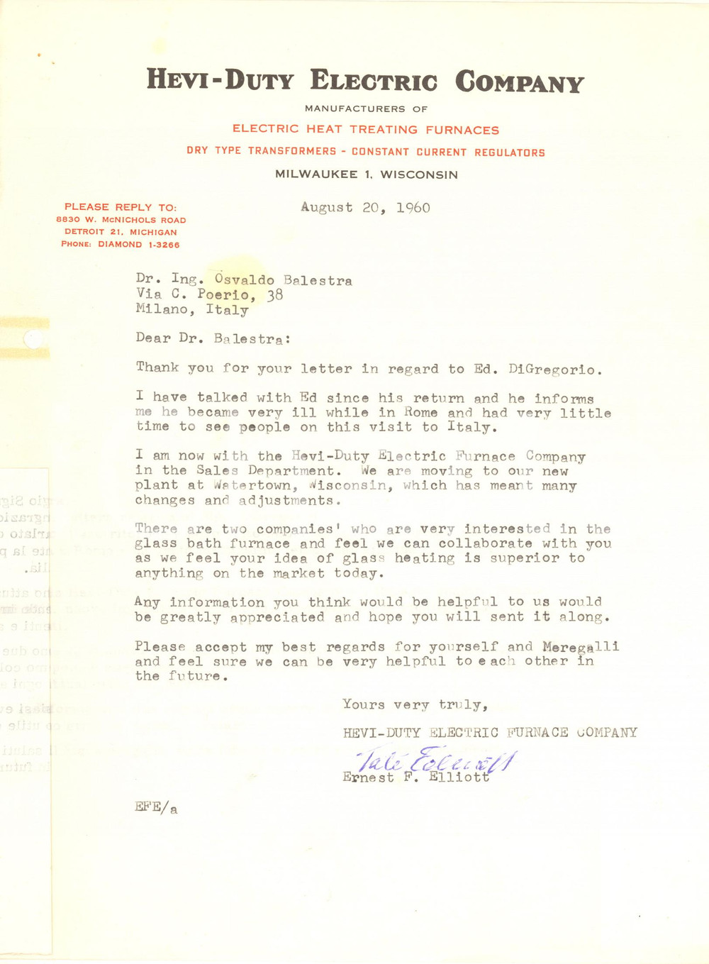 Documento originale, autentico 1960 MILWAUKEE USA E. F. TATE ELLIOTT  HeviDuty Electric Company Autografo 1