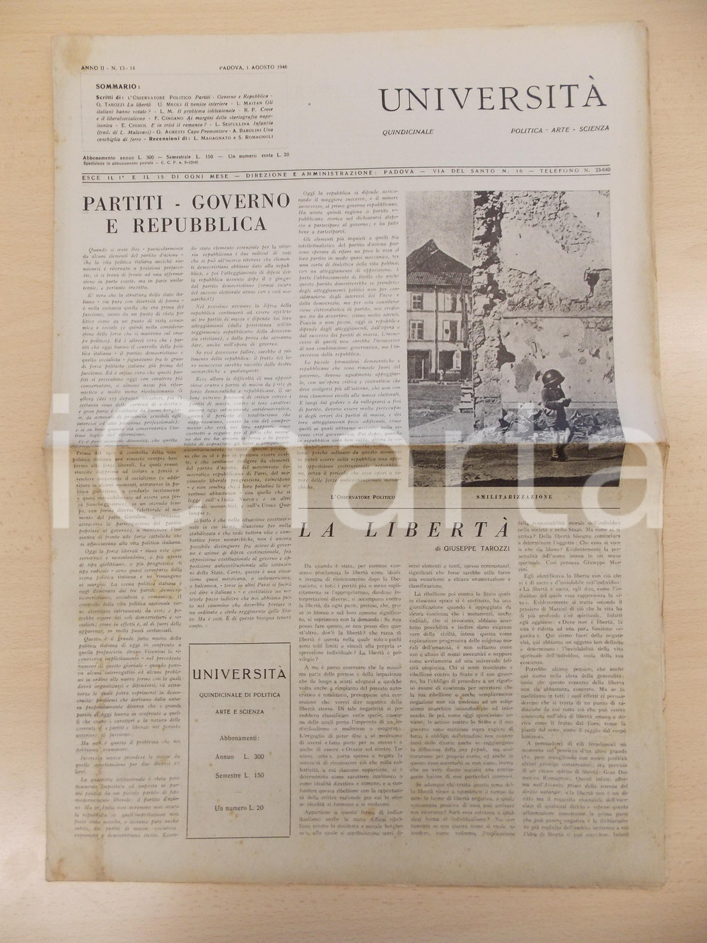 Giornale, rivista storica 1946 PADOVA Rivista UNIVERSITÃ€ Anno II n. 1314 Partiti, Governo e Repubblica 1