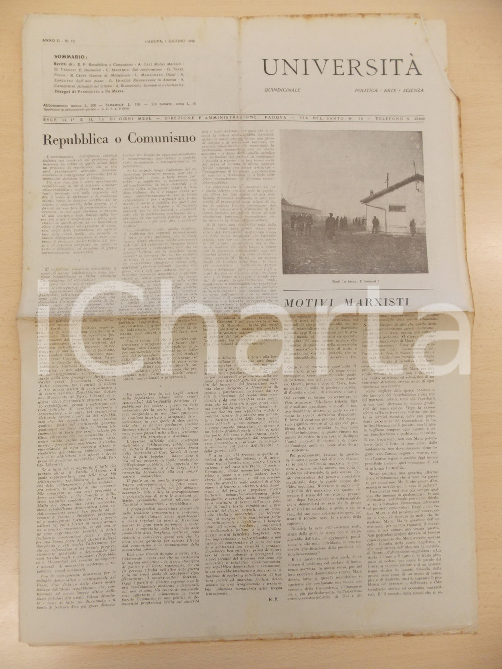 Giornale, rivista storica 1946 PADOVA Rivista UNIVERSITÃ€ Anno II n. 10  Repubblica o COMUNISMO 34x50 cm 1