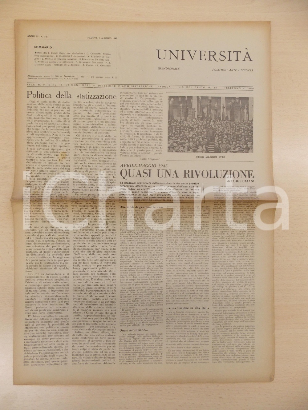 Giornale, rivista storica 1946 PADOVA Rivista UNIVERSITÃ€ Anno II n. 78 Politica della statizzazione 1