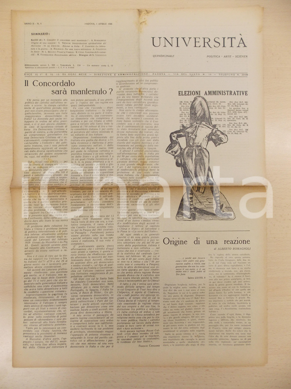 Giornale, rivista storica 1946 PADOVA Rivista UNIVERSITÃ€ Anno II n. 6  DC manterrÃ  Patti Lateranensi? 1