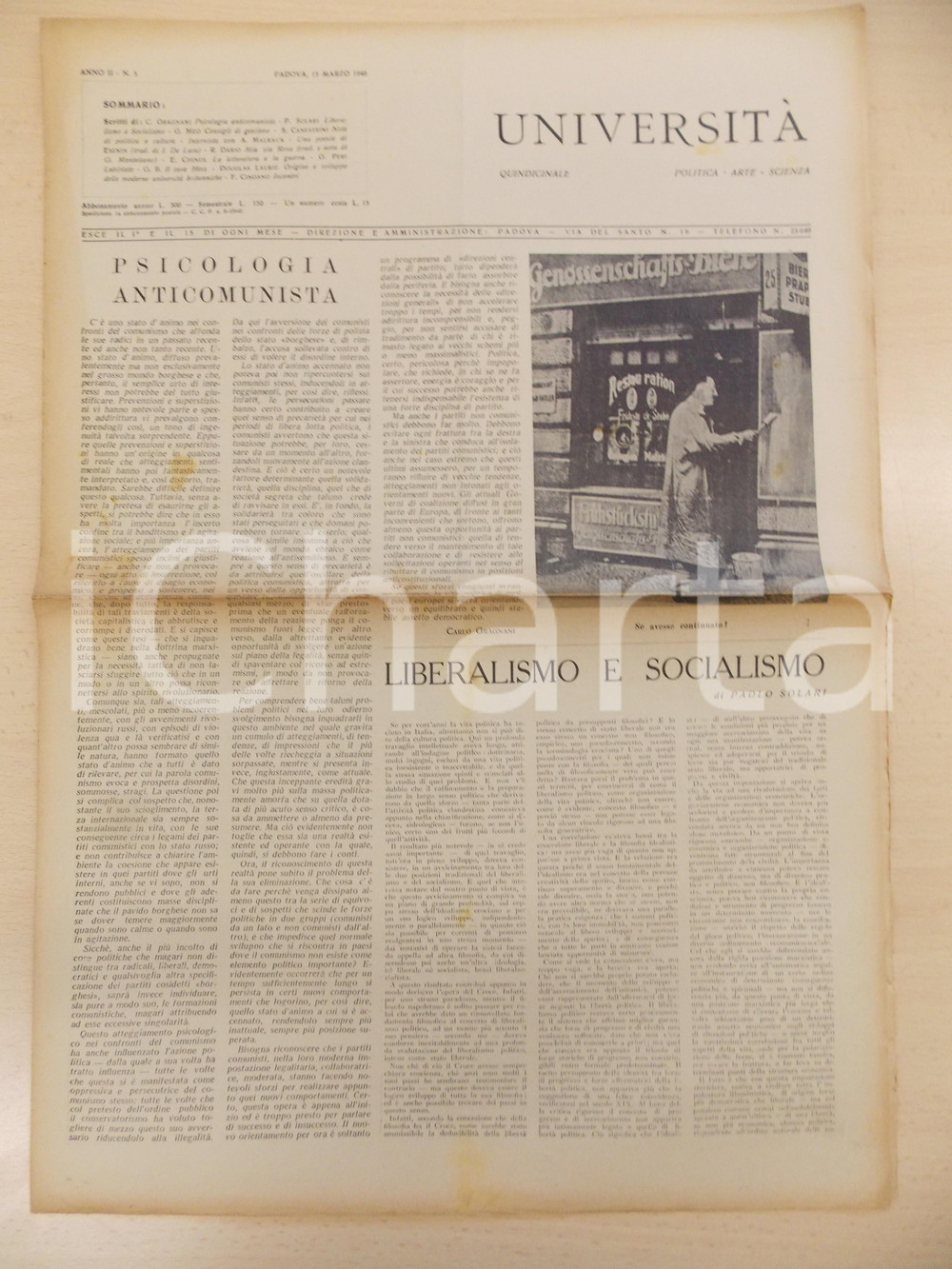 Giornale, rivista storica 1946 PADOVA Rivista UNIVERSITÀ Anno II n. 5  Psicologia anticomunista 34x50 cm 1