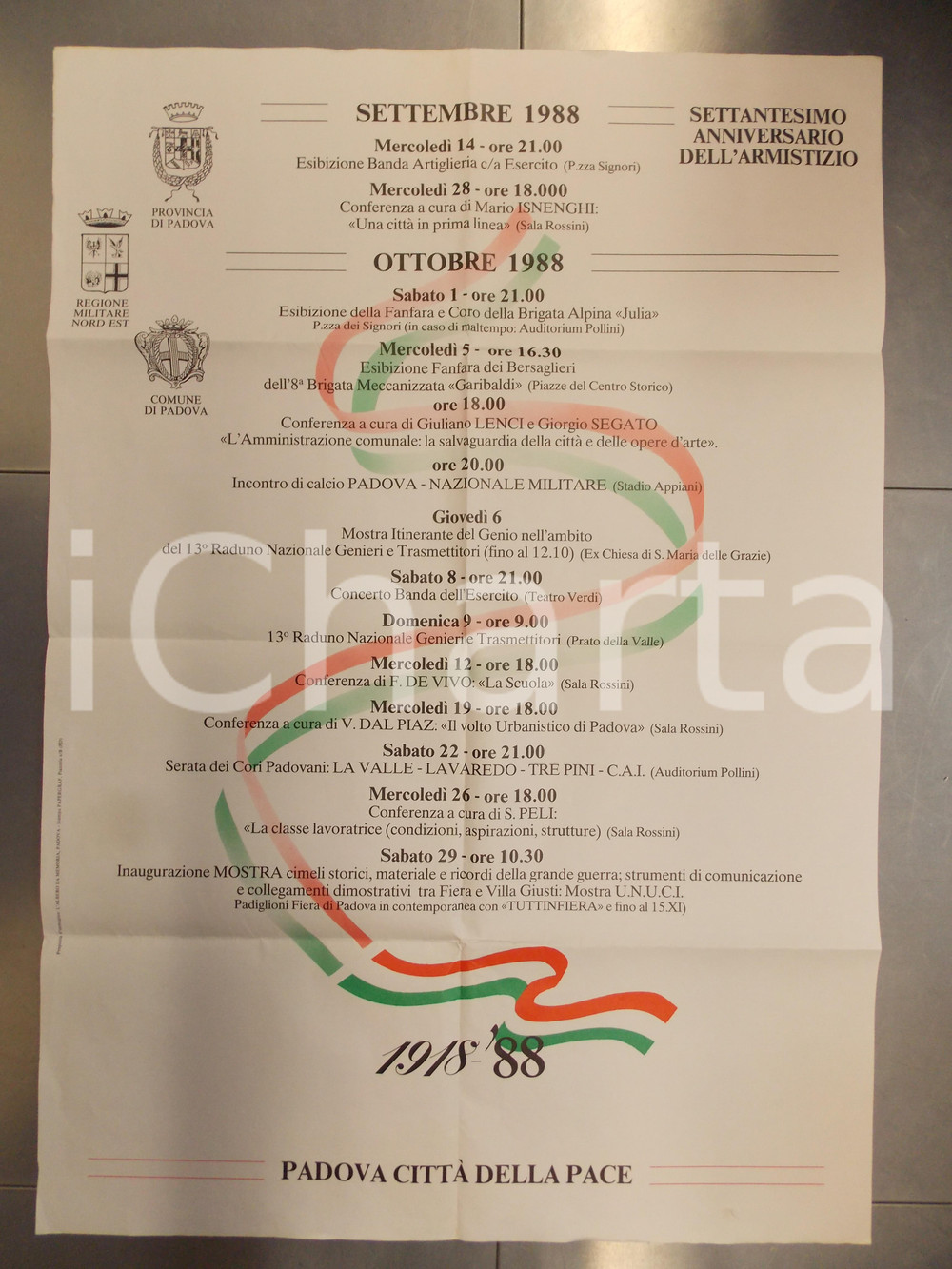 Oggetto da collezione cartaceo 1988 PADOVA 70° Anniversario dell Armistizio  Programma Manifesto 100x70 cm 1