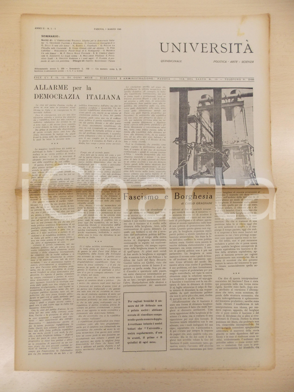Giornale, rivista storica 1946 PADOVA Rivista UNIVERSITÃ€ Anno II n. 34 Fascismo e borghesia 34x50 cm 1