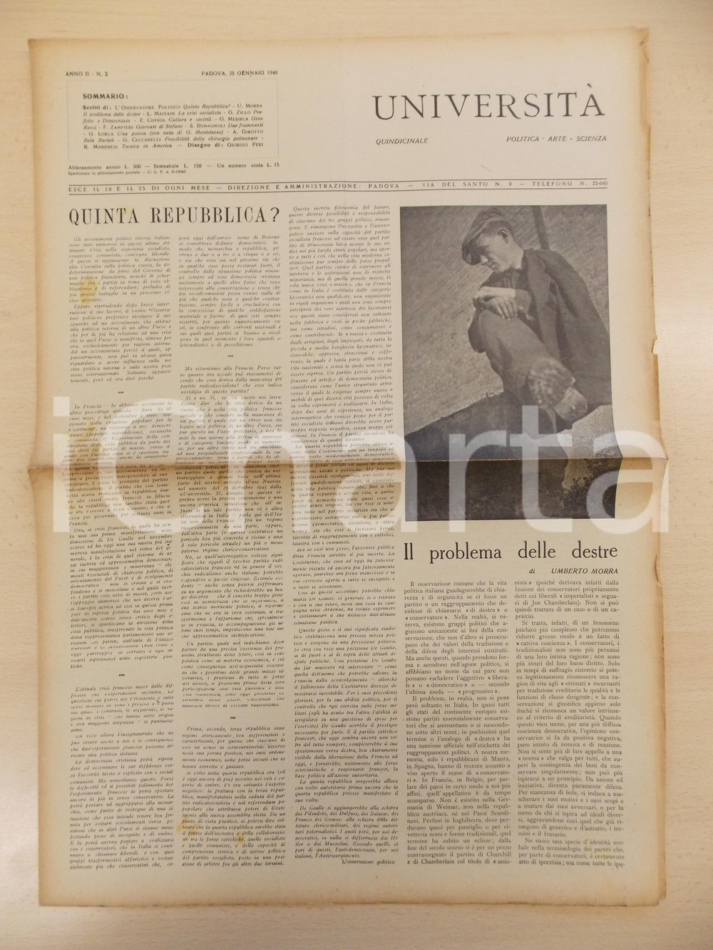 Giornale, rivista storica 1946 PADOVA Rivista UNIVERSITÃ€ Anno II n. 2  Quinta Repubblica? 34x50 cm 1