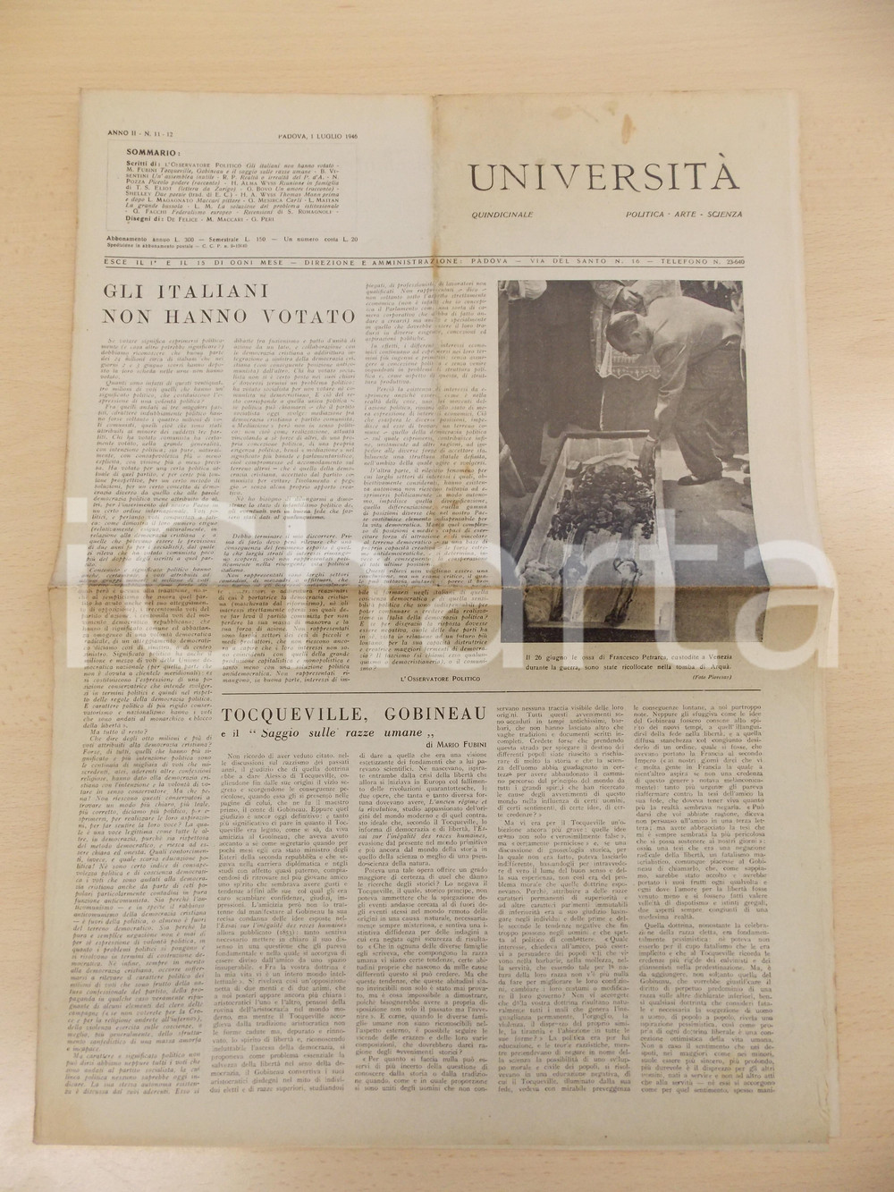 Giornale, rivista storica 1946 PADOVA Rivista UNIVERSITA  Anno II n.1112 Ossa PETRARCA riportate a ARQUA 1