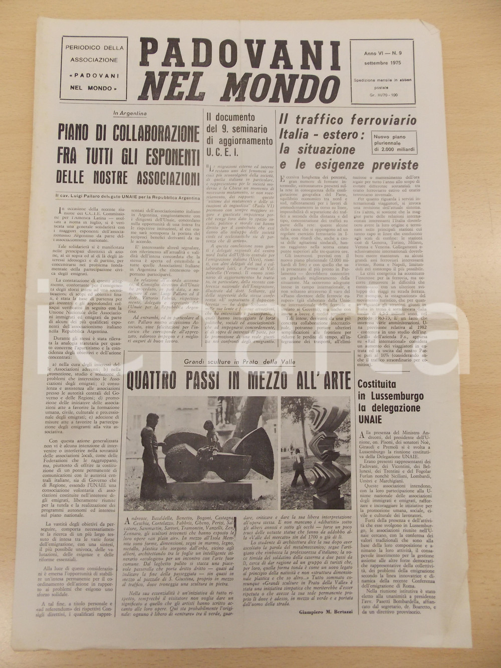 Giornale, rivista storica 1975 PADOVANI NEL MONDO Traffico ferroviario Italia  estero Periodico n.9 1