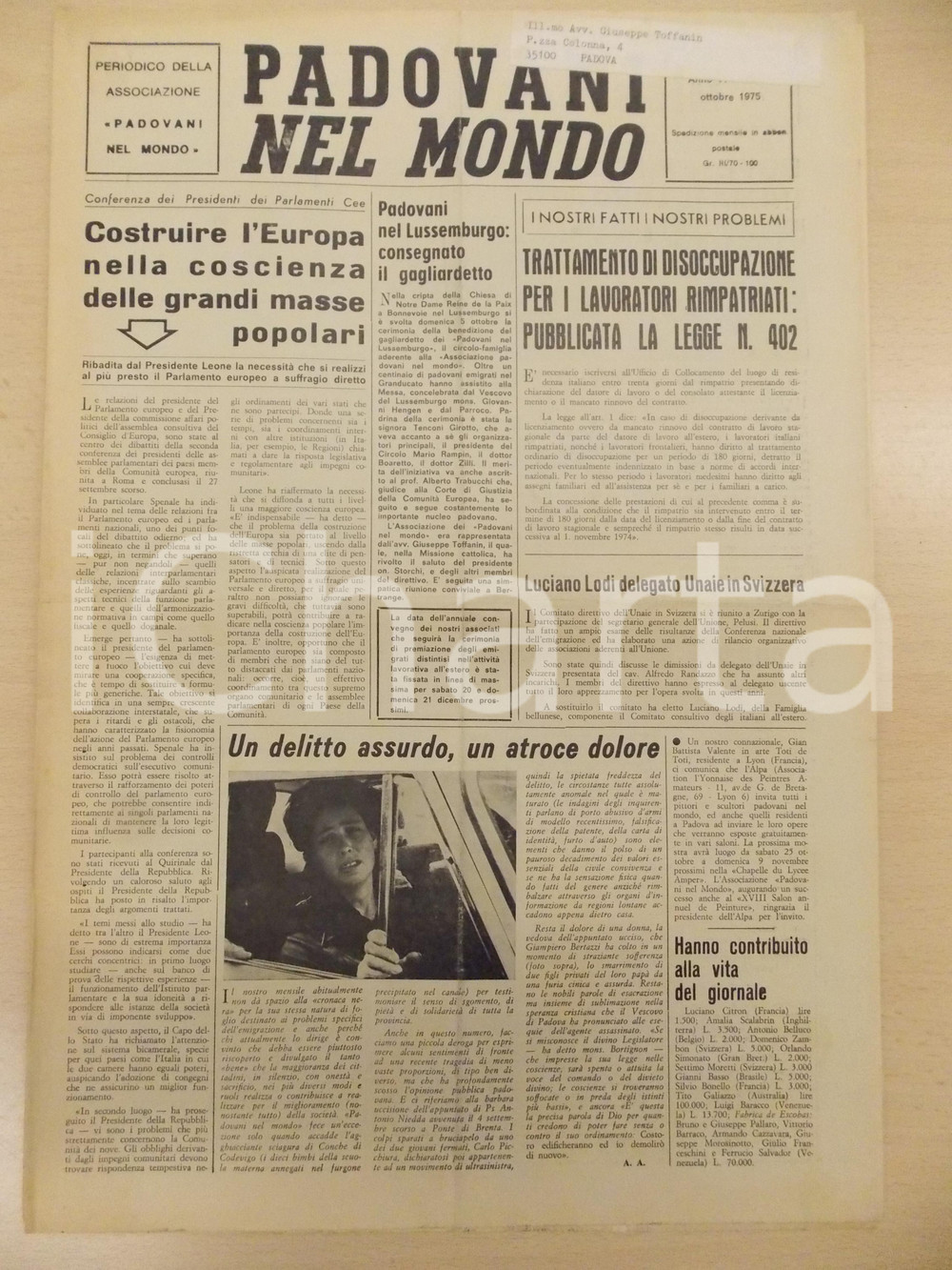 Giornale, rivista storica 1975 PADOVANI NEL MONDO Cordoglio delitto poliziotto Antonio NIEDDA Periodico 10 1