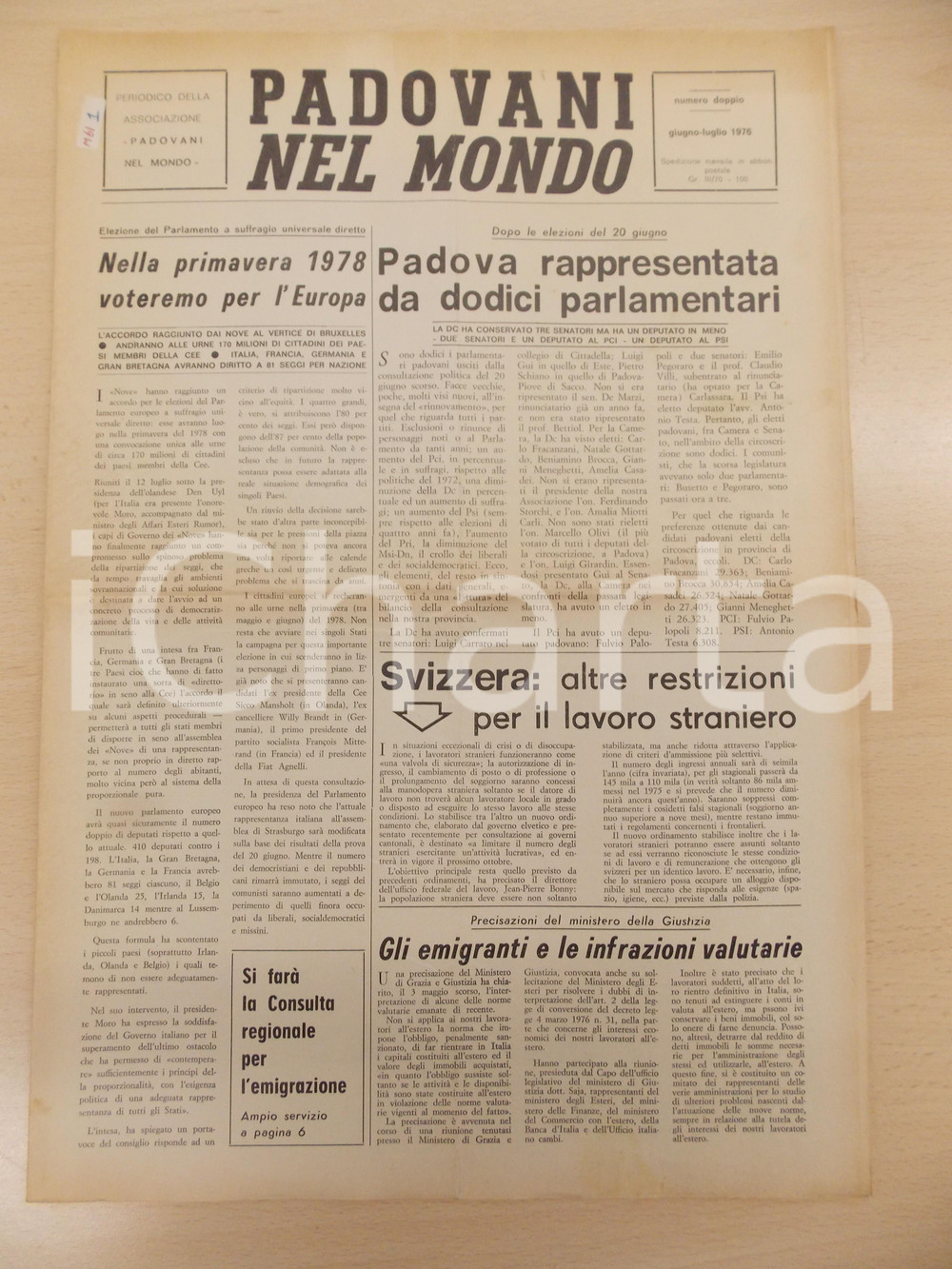 Giornale, rivista storica 1976 PADOVANI NEL MONDO Padova rappresentata da 12 parlamentari Periodico 1