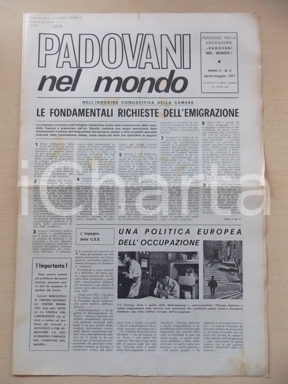 Giornale, rivista storica 1971 PADOVANI NEL MONDO Fondamentali richieste dell emigrazione Periodico n.5 1