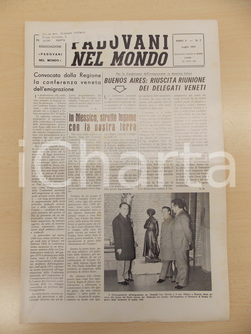 Giornale, rivista storica 1974 PADOVANI NEL MONDO Stretto legame tra MESSICO e il Veneto Periodico n.7 1