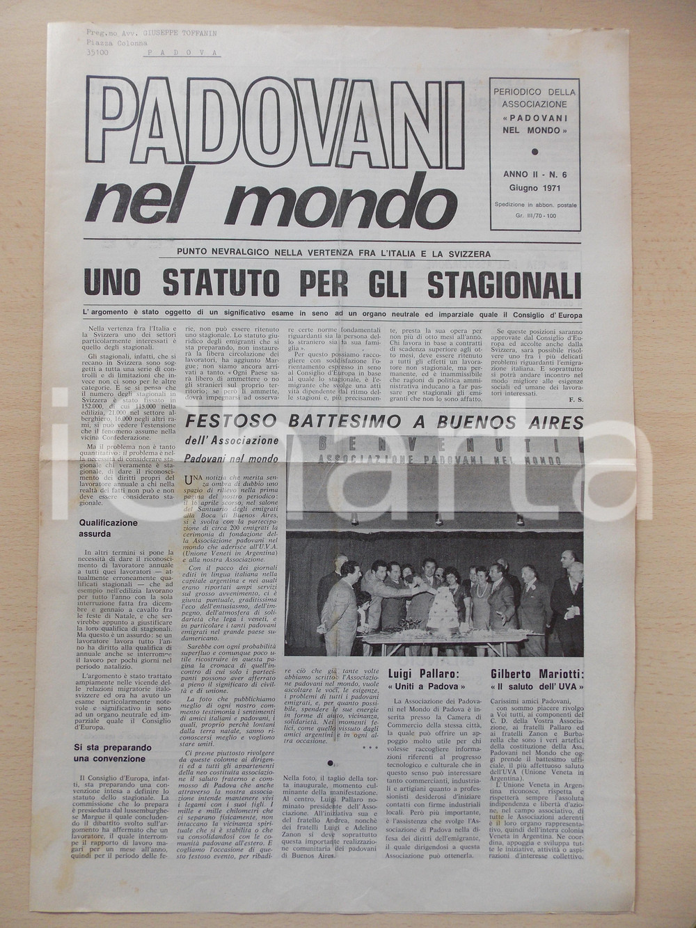 Giornale, rivista storica 1971 PADOVANI NEL MONDO Nuova sede associazione a BUENOS AIRES Periodico n.6 1