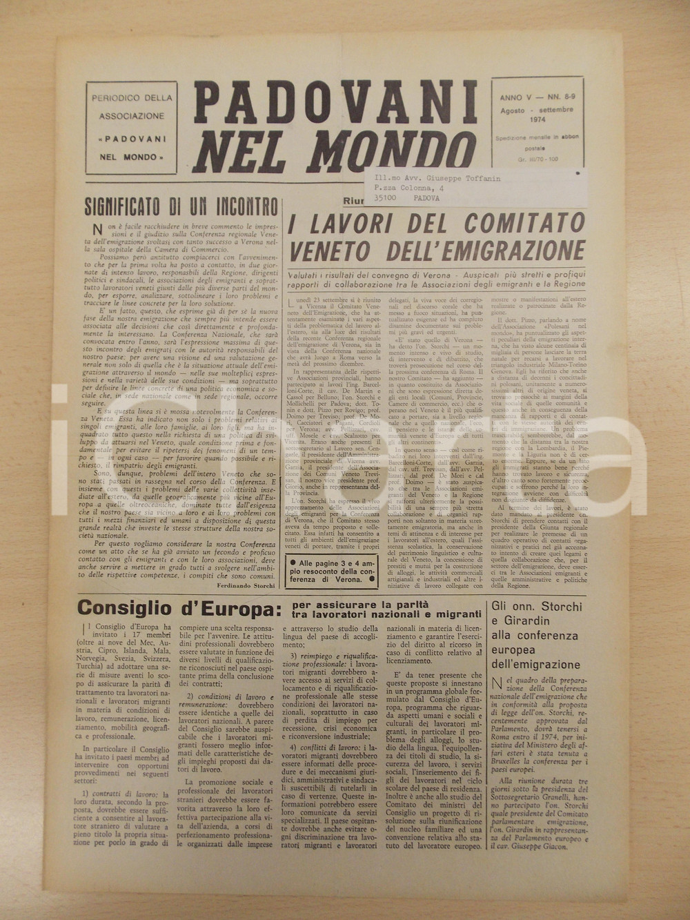 Giornale, rivista storica 1974 PADOVANI NEL MONDO Parità tra lavoratori nazionali e migranti Periodico 89 1