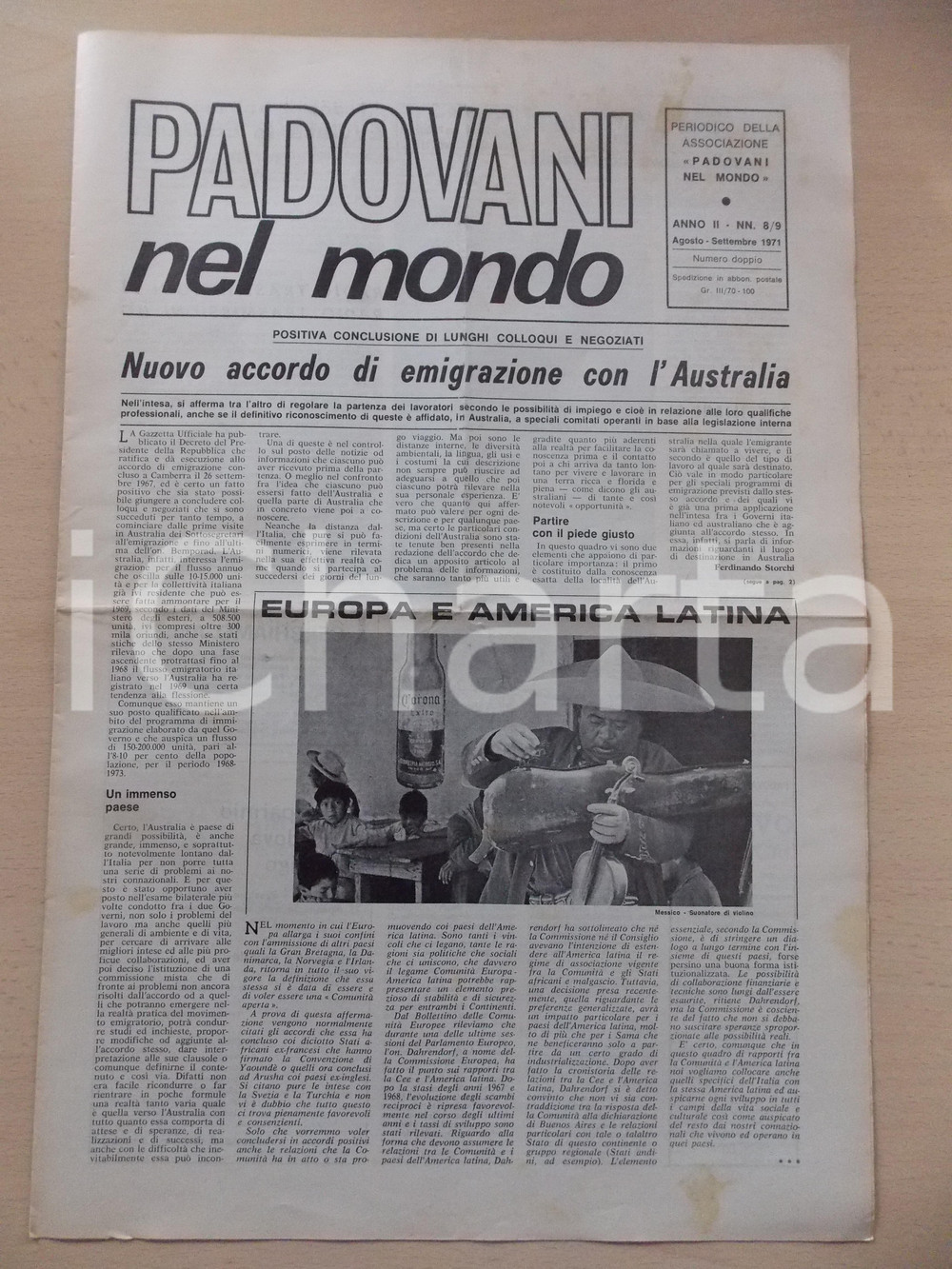 Giornale, rivista storica 1971 PADOVANI NEL MONDO Accordo di emigrazione con AUSTRALIA Periodico n.8/9 1