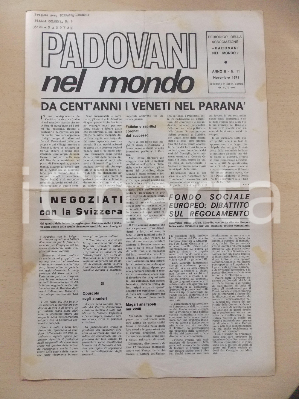 Giornale, rivista storica 1971 PADOVANI NEL MONDO Da 100 anni i veneti nel PARANA  Periodico n.11 1