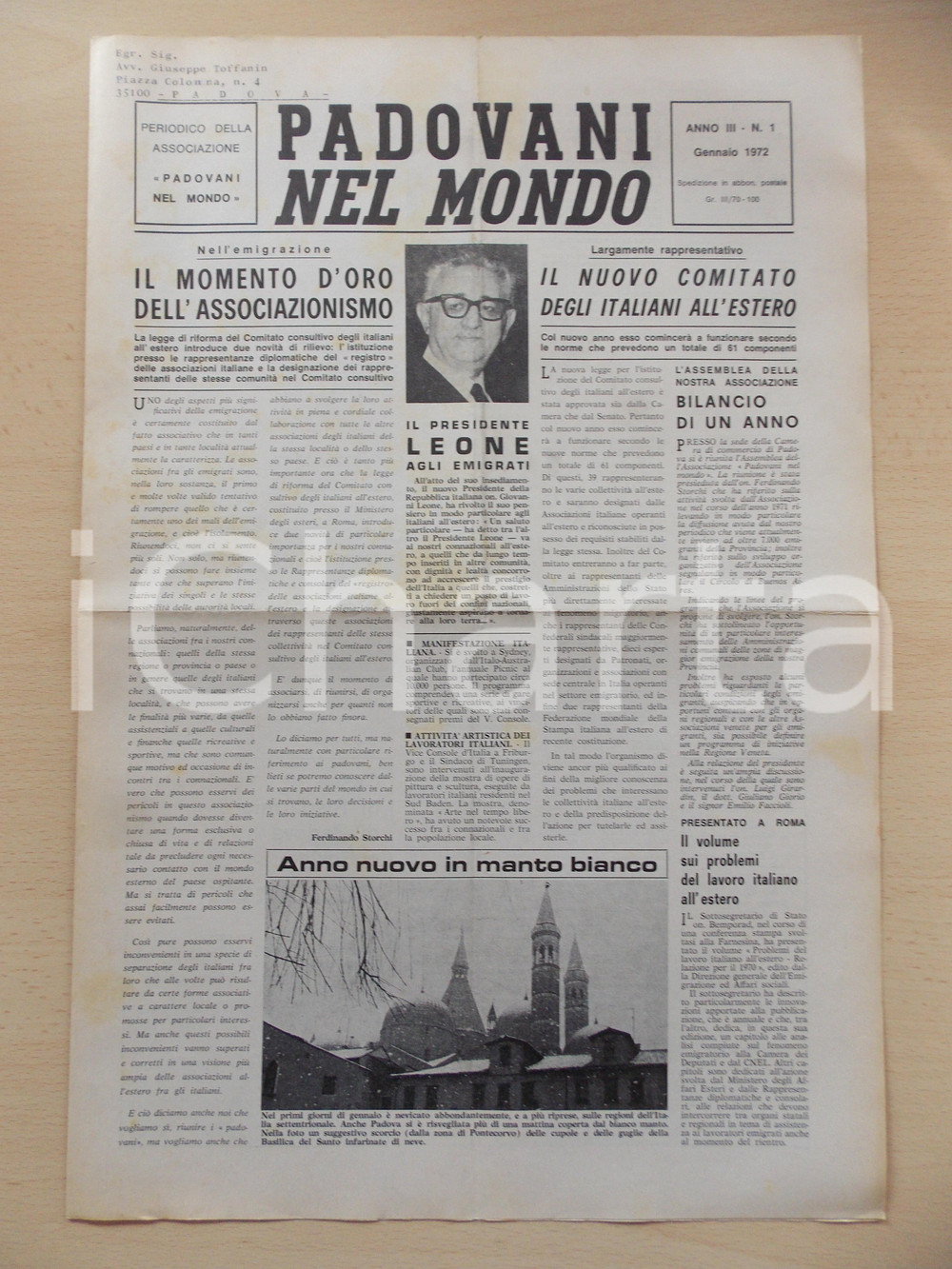 Giornale, rivista storica 1972 PADOVANI NEL MONDO Pensiero di Giovanni LEONE agli emigrati Periodico n.1 1