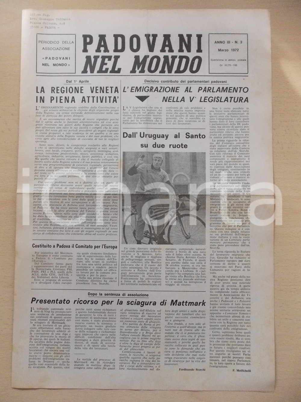 Giornale, rivista storica 1972 PADOVANI NEL MONDO Pellegrinaggio in bici da URUGUAY  a Padova Periodico 3 1