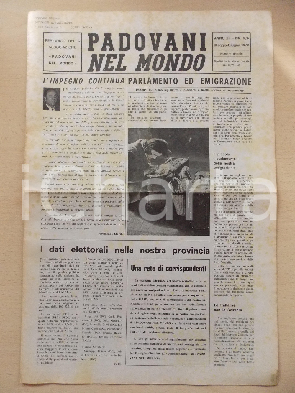 Giornale, rivista storica 1972 PADOVANI NEL MONDO Rete di corrispondenti per il giornale Periodico n.56 1
