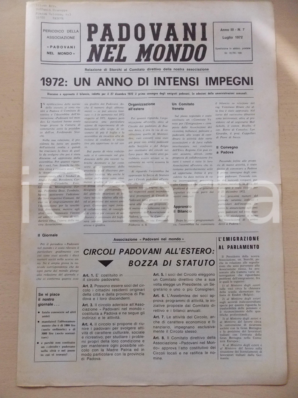 Giornale, rivista storica 1972 PADOVANI NEL MONDO Bozza statuto circoli padovani all estero Periodico n.7 1