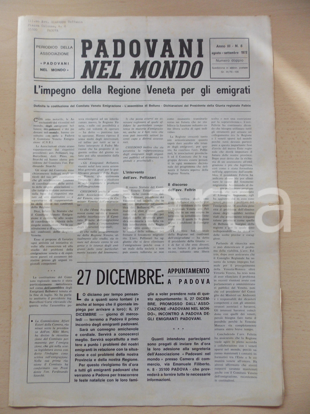 Giornale, rivista storica 1972 PADOVANI NEL MONDO Costituzione Comitato Veneto Emigrazione Periodico n.8 1