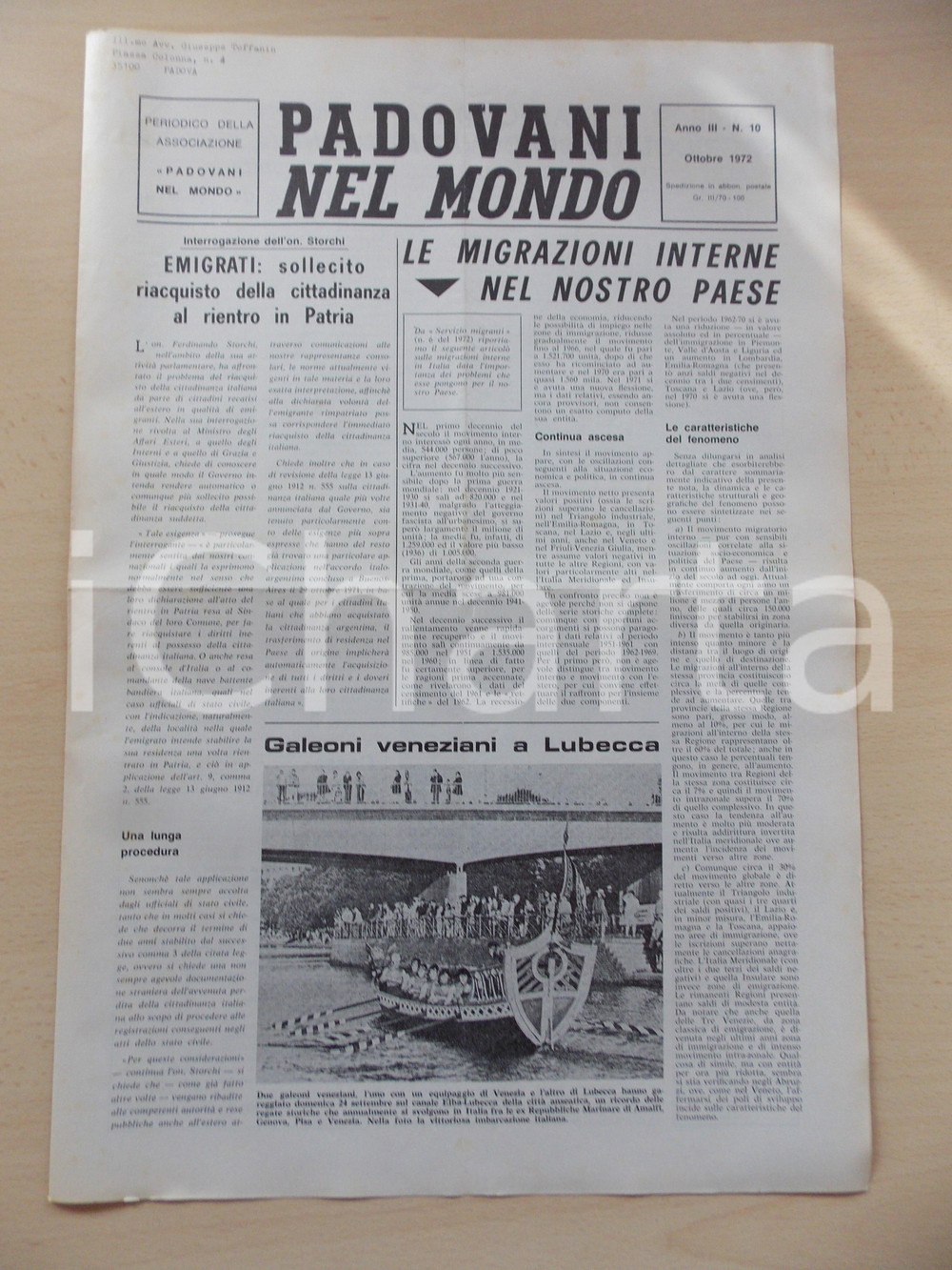 Giornale, rivista storica 1972 PADOVANI NEL MONDO Galeoni veneziani a LUBECK Periodico n.10 1