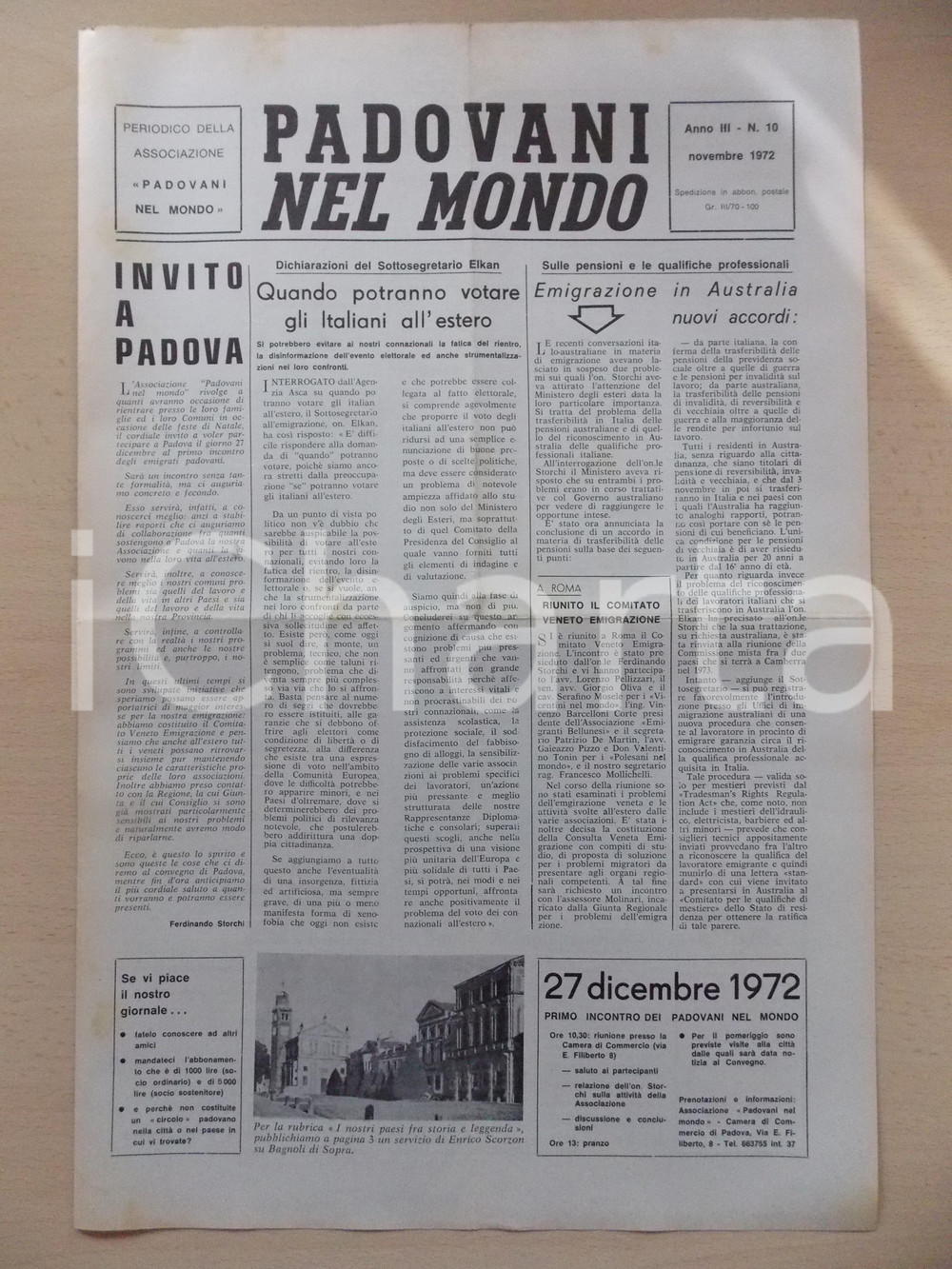 Giornale, rivista storica 1972 PADOVANI NEL MONDO Nuovi accordi per emigrazione in AUSTRALIA Periodico n10 1