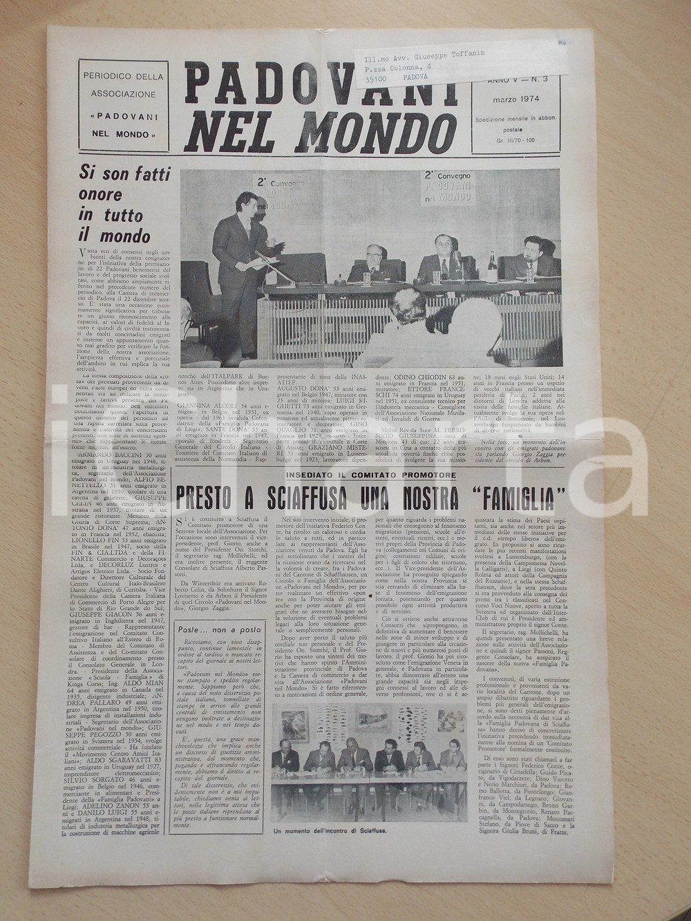 Giornale, rivista storica 1974 PADOVANI NEL MONDO Nuova sede associazione a SCHAFFHAUSEN Periodico n.3 1