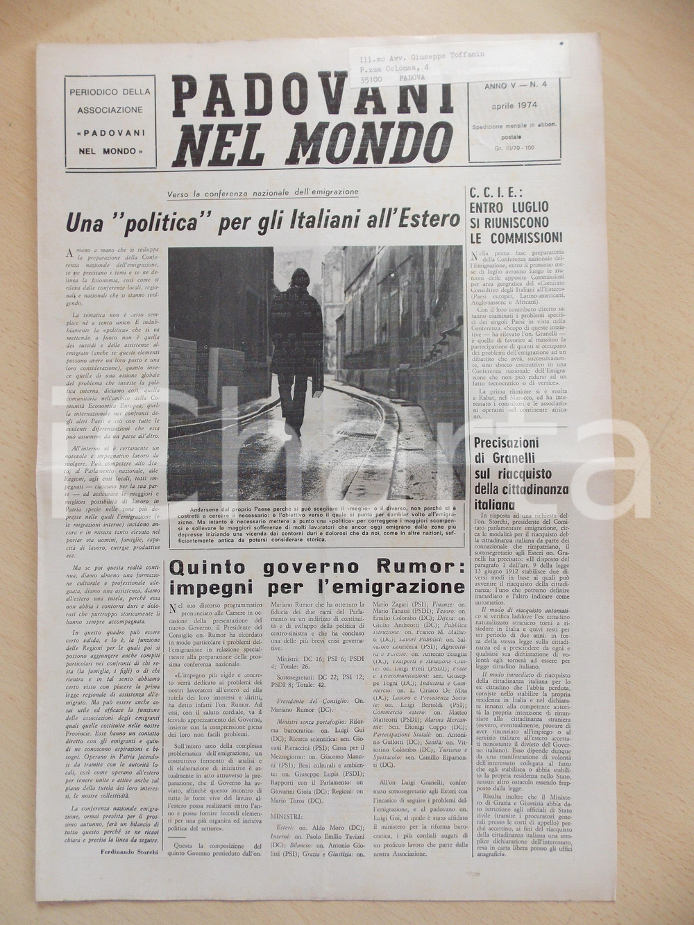 Giornale, rivista storica 1974 PADOVANI NEL MONDO Governo RUMOR si impegna su emigrazione Periodico n.4 1