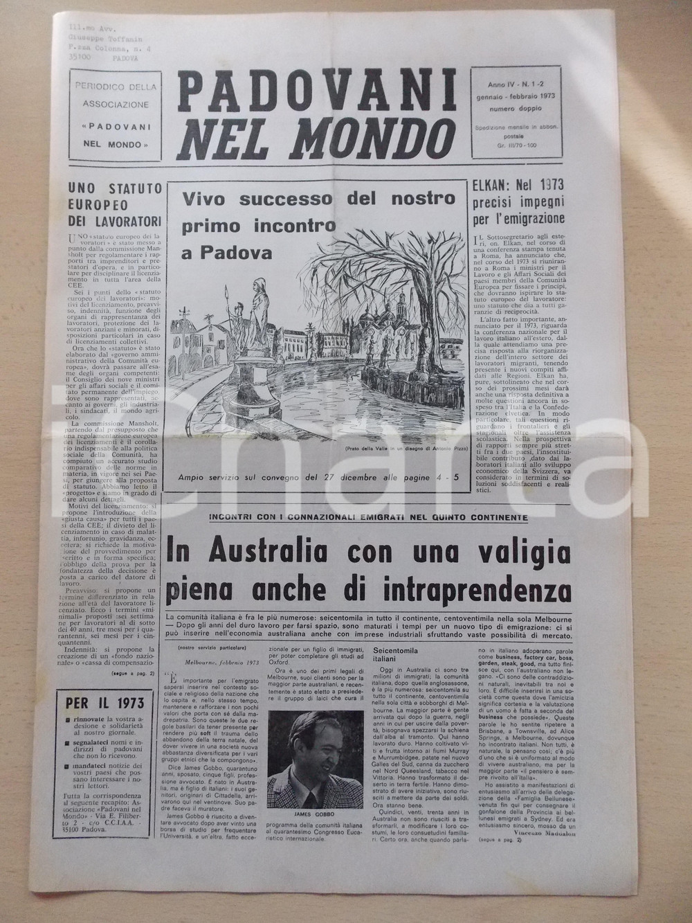 Giornale, rivista storica 1973 PADOVANI NEL MONDO James GOBBO e gli emigrati in AUSTRALIA Periodico n.12 1