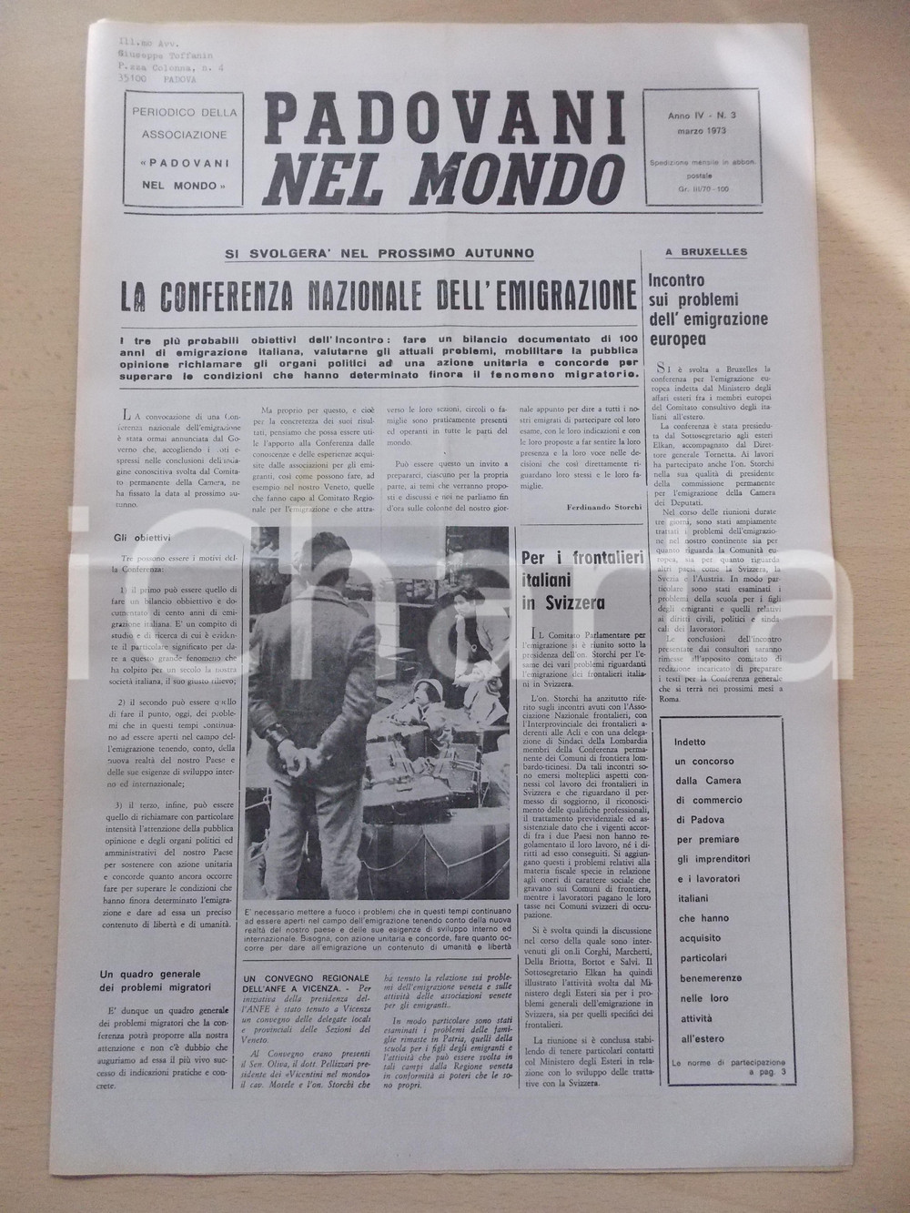 Giornale, rivista storica 1973 PADOVANI NEL MONDO Problemi frontalieri italiani in SVIZZERA Periodico n.3 1
