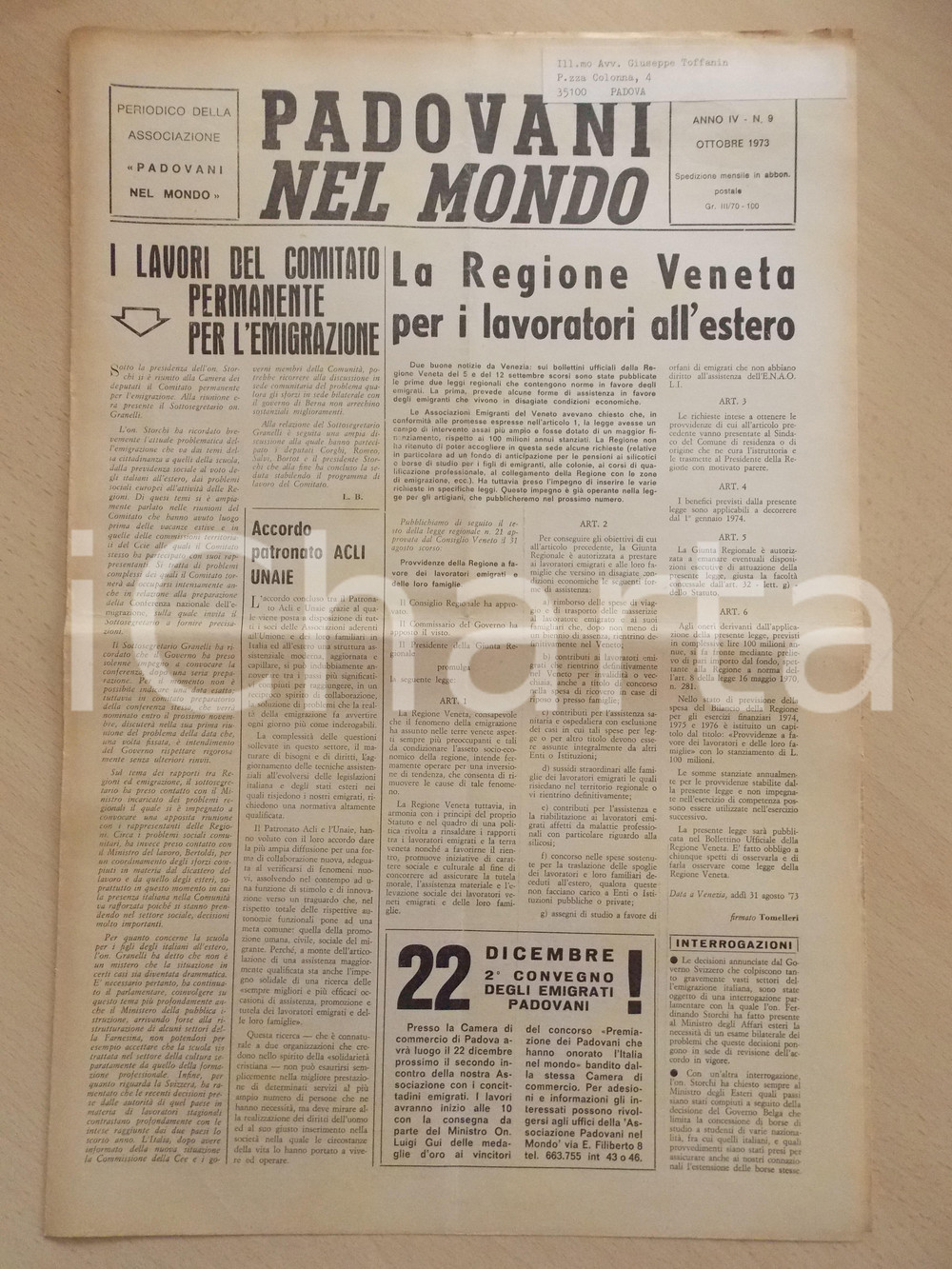 Giornale, rivista storica 1973 PADOVANI NEL MONDO Accordo tra patronato ACLI e UNAIE Periodico n.9 1