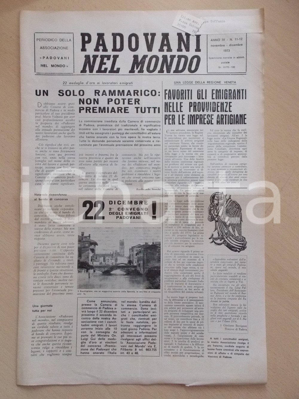 Giornale, rivista storica 1974 PADOVANI NEL MONDO Regione Veneto favorisce gli emigrati Periodico n.1112 1