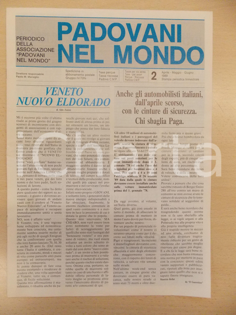 Giornale, rivista storica 1989 PADOVANI NEL MONDO Veneto nuovo Eldorado Periodico n.2 1