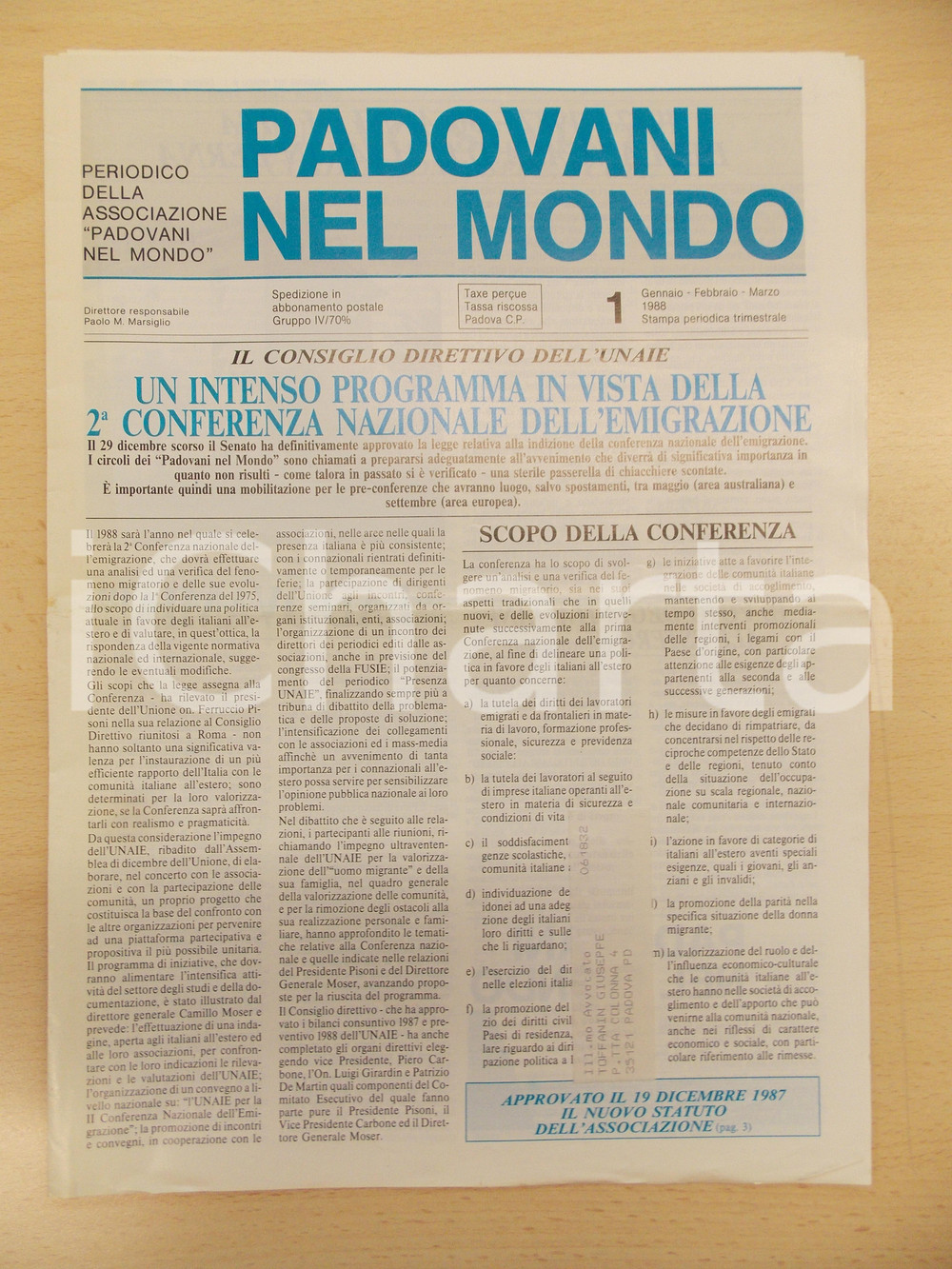 Giornale, rivista storica 1988 PADOVANI NEL MONDO 2Â° Conferenza nazionale dell emigrazione Periodico n.1 1