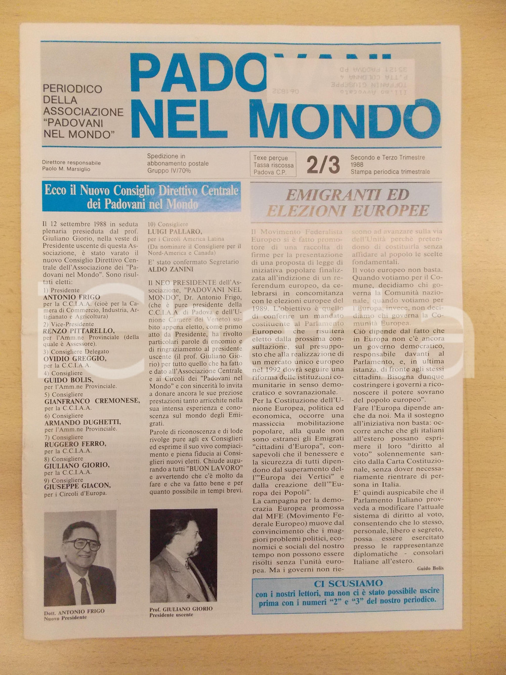 Giornale, rivista storica 1988 PADOVANI NEL MONDO Nuovo consiglio direttivo Associazione Periodico n.2/3 1