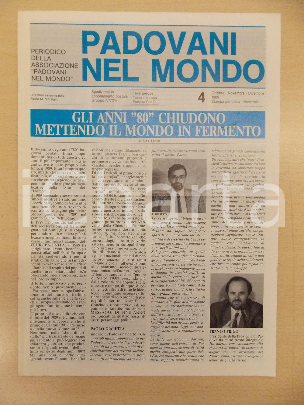 Giornale, rivista storica 1989 PADOVANI NEL MONDO Messaggi di fine anno autoritÃ  cittadine Periodico n.4 1