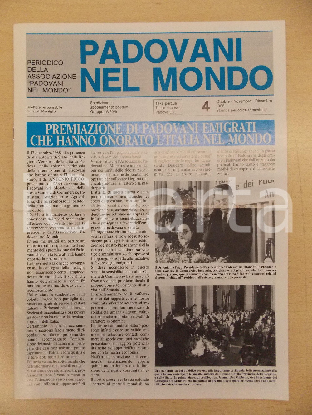 Giornale, rivista storica 1988 PADOVANI NEL MONDO Premiazione dei cittadini emigrati Periodico n.4 1